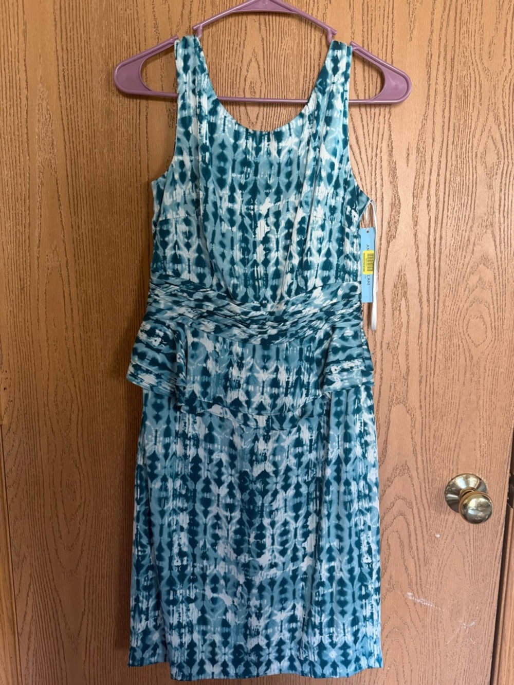Teal and White “Tie-Dye” print knee length sheath Dress